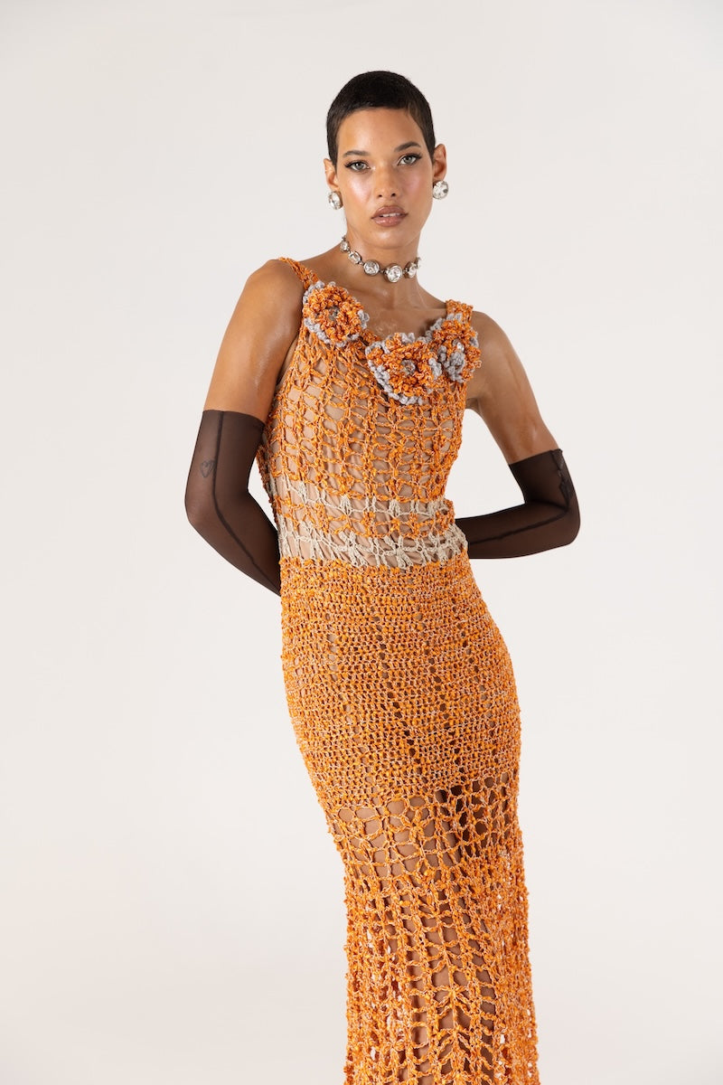 ORANGE CHRYSANTHEMUM HANDMADE MAXI CROCHET DRESS - CULT MIA