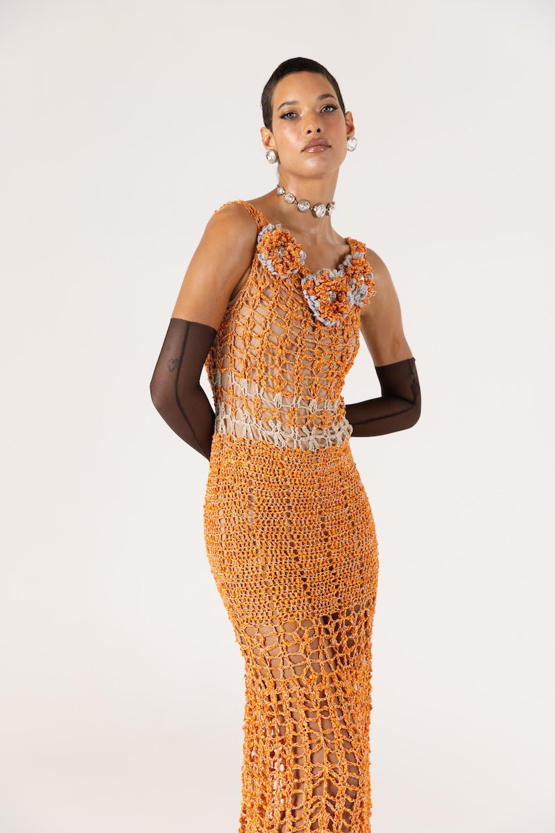 ORANGE CHRYSANTHEMUM HANDMADE MAXI CROCHET DRESS - CULT MIA