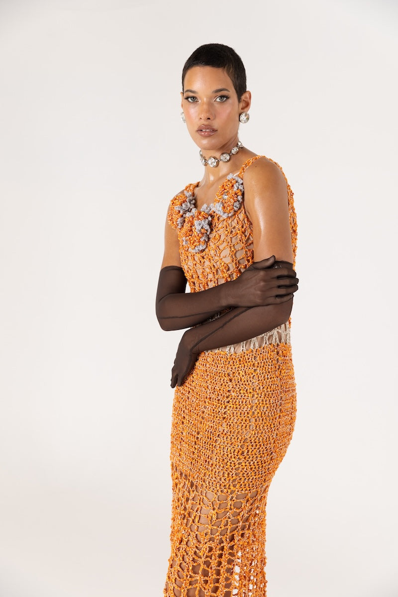 ORANGE CHRYSANTHEMUM HANDMADE MAXI CROCHET DRESS - CULT MIA
