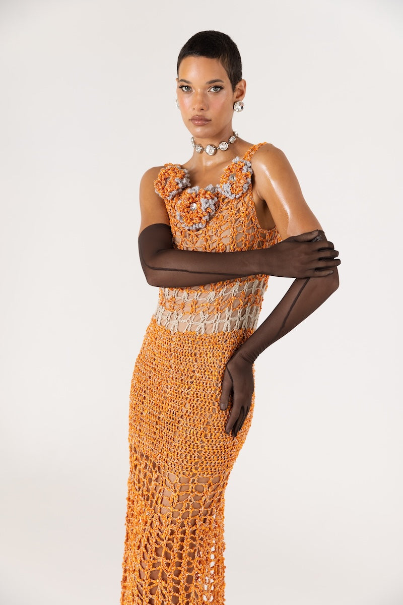 ORANGE CHRYSANTHEMUM HANDMADE MAXI CROCHET DRESS - CULT MIA