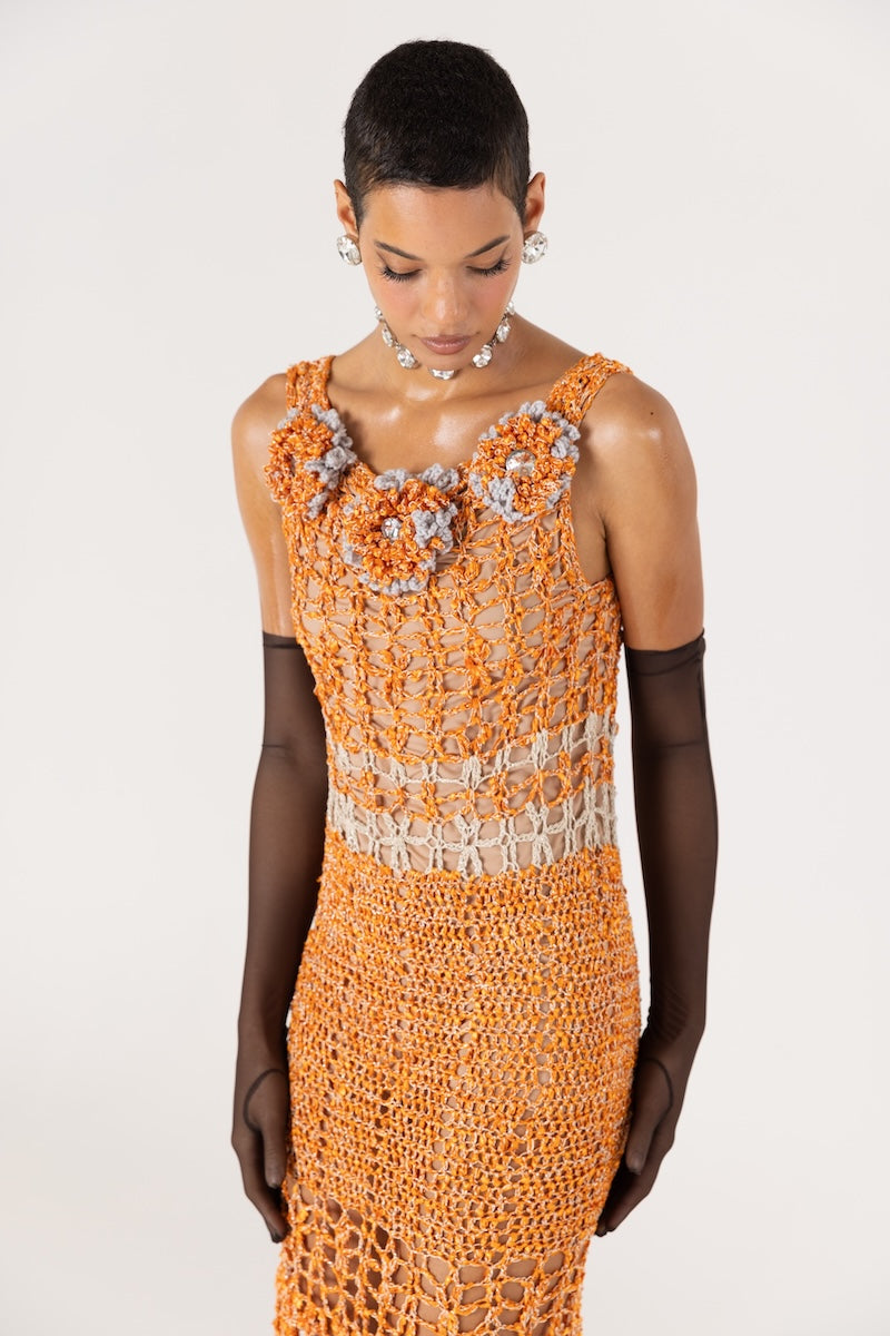 ORANGE CHRYSANTHEMUM HANDMADE MAXI CROCHET DRESS - CULT MIA