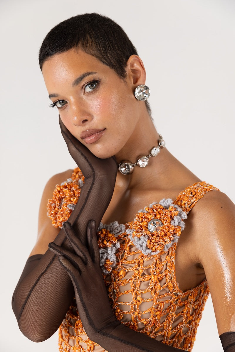 ORANGE CHRYSANTHEMUM HANDMADE MAXI CROCHET DRESS - CULT MIA