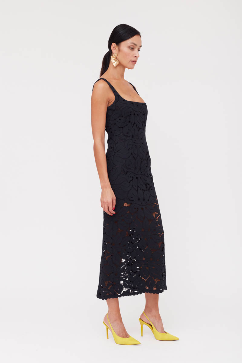 OTILIA BLACK LACE THE SQUARE SCOOP NECKLINE MIDI DRESS - CULT MIA