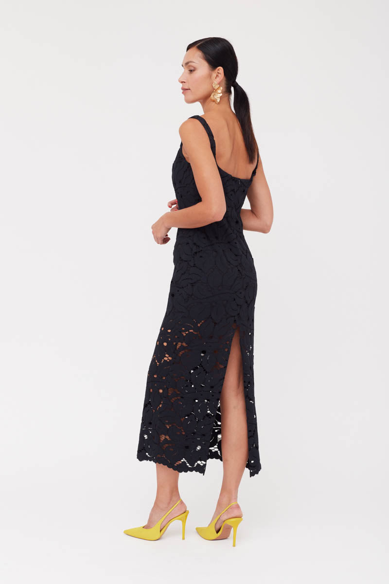 OTILIA BLACK LACE THE SQUARE SCOOP NECKLINE MIDI DRESS - CULT MIA