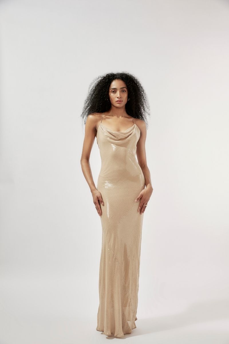 OCEANA NUDE BEIGE SEQUIN MAXI DRESS - CULT MIA