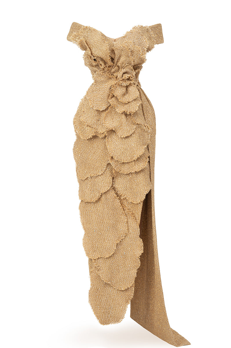 OFF-SHOULDER TWEED PETAL MAXI DRESS IN BEIGE | CULT MIA | HAPPY CLOTHING OFF-SHOULDER TWEED PETAL MAXI DRESS IN BEIGE | CULT MIA | HAPPY CLOTHING