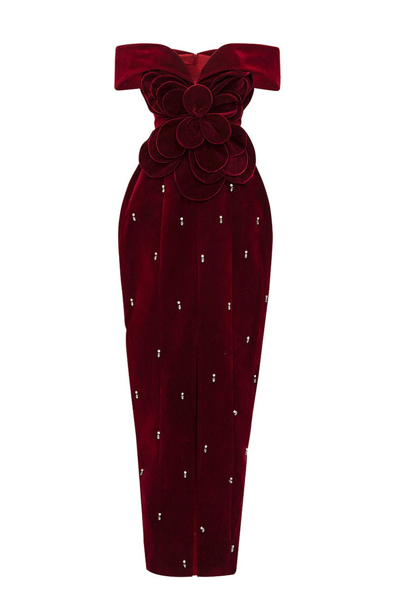 OFF-SHOULDER VELVET FLORAL MAXI DRESS IN RED CULT MIA HAPPY