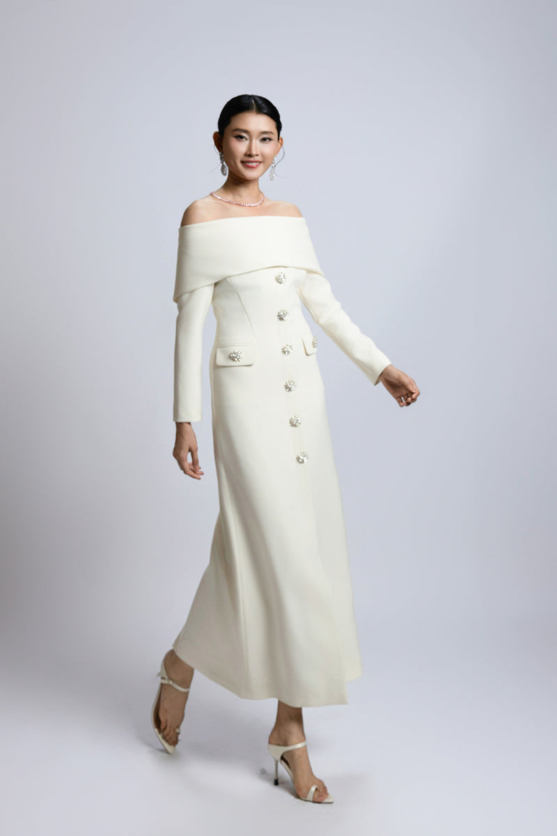 OFF-SHOULDER LONG SHIFT DRESS IN WHITE - CULT MIA