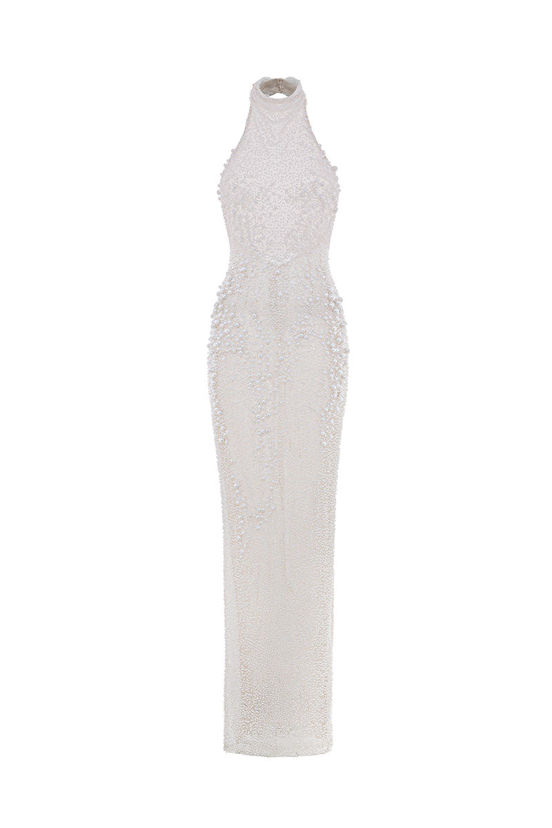 arrange embellished pearl crystal halter column maxi dress in white Pearl Embellished Flower Halter Column Dress - White