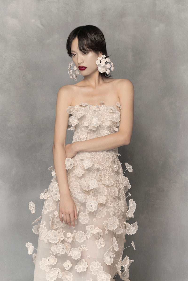 FLORAL LACE GOWN WITH METAL BEADS - CULT MIA
