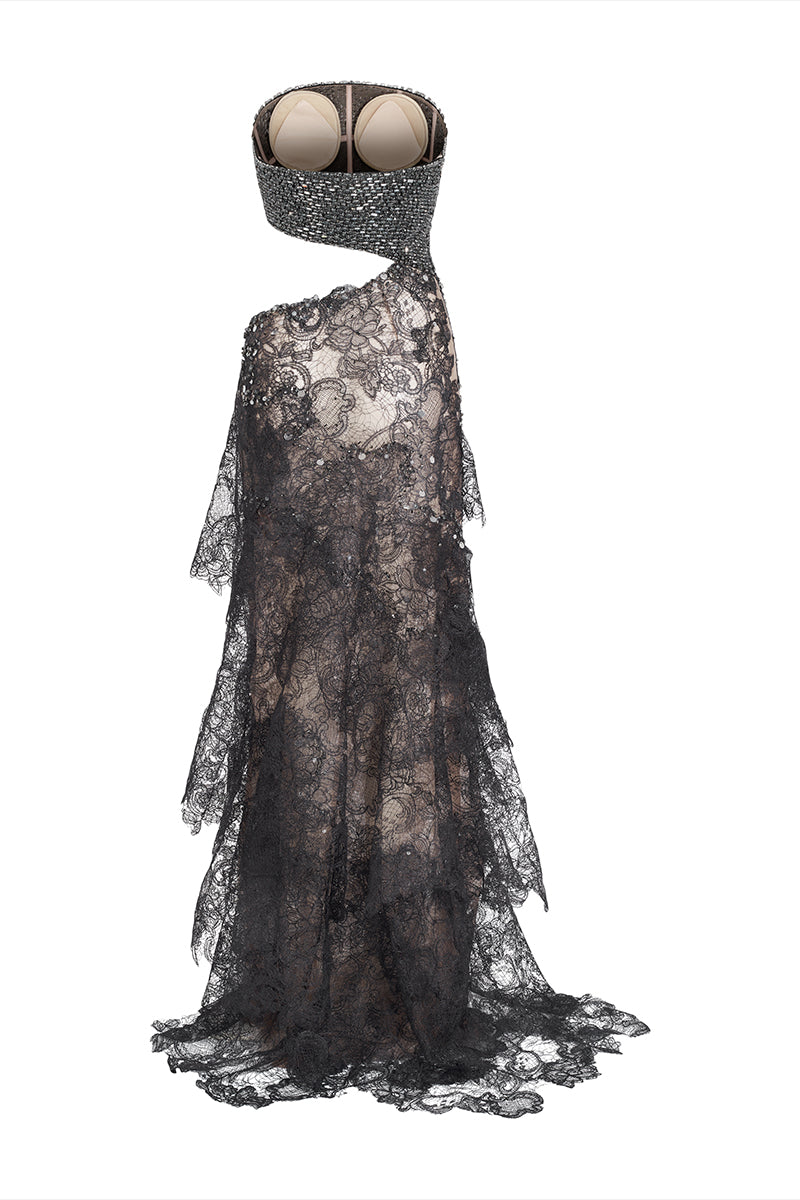 BLACK SHEER LACE SILK DRESS WITH CUT-OUT TOP - CULT MIA