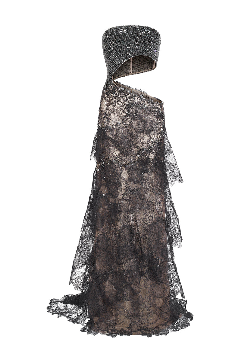 BLACK SHEER LACE SILK DRESS WITH CUT-OUT TOP - CULT MIA