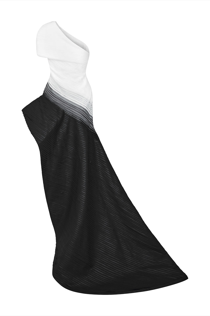 BLACK WHITE AND GRAY ONE-SHOULDER LAYERED GOWN - CULT MIA