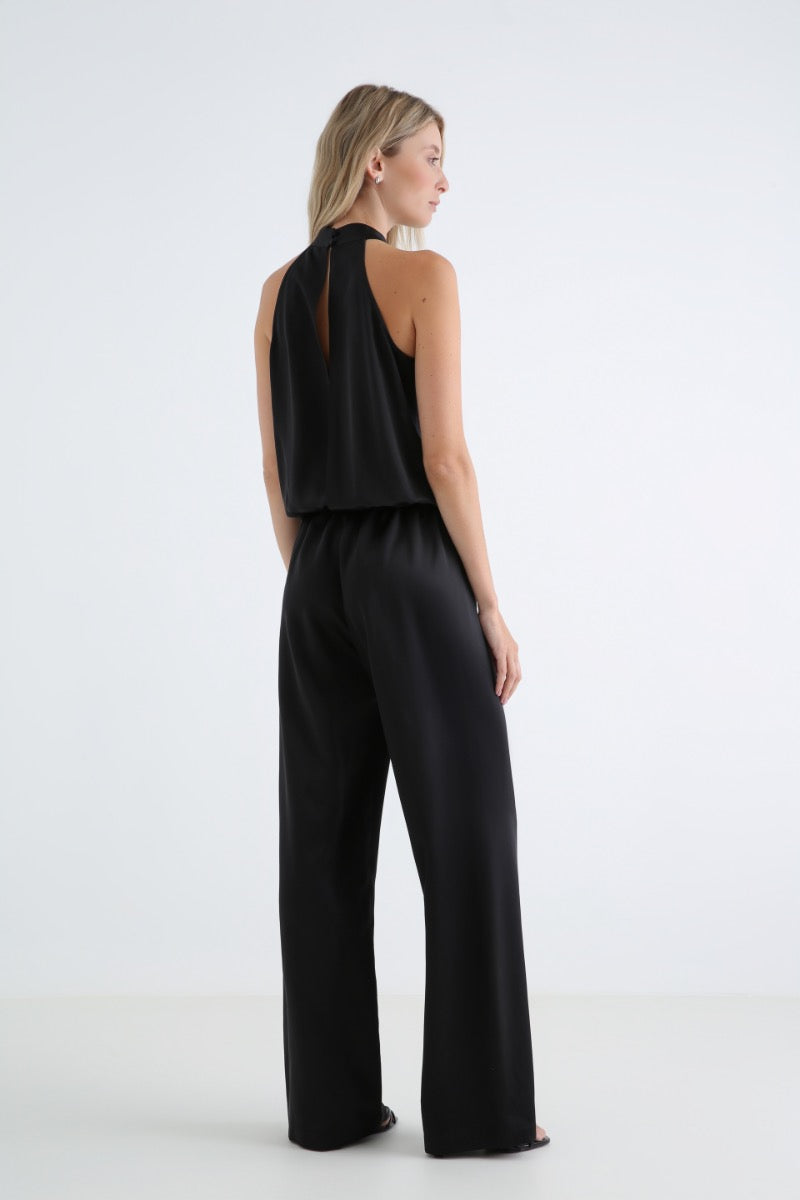PALERMO BLACK SILK-SATIN HALTER JUMPSUIT - CULT MIA