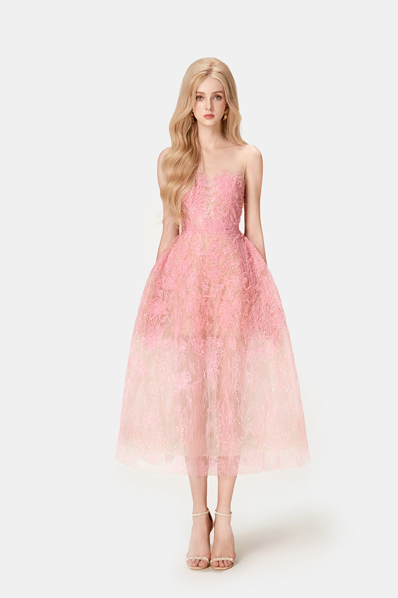 PINK BEADED LACE MIDI DRESS - CULT MIA