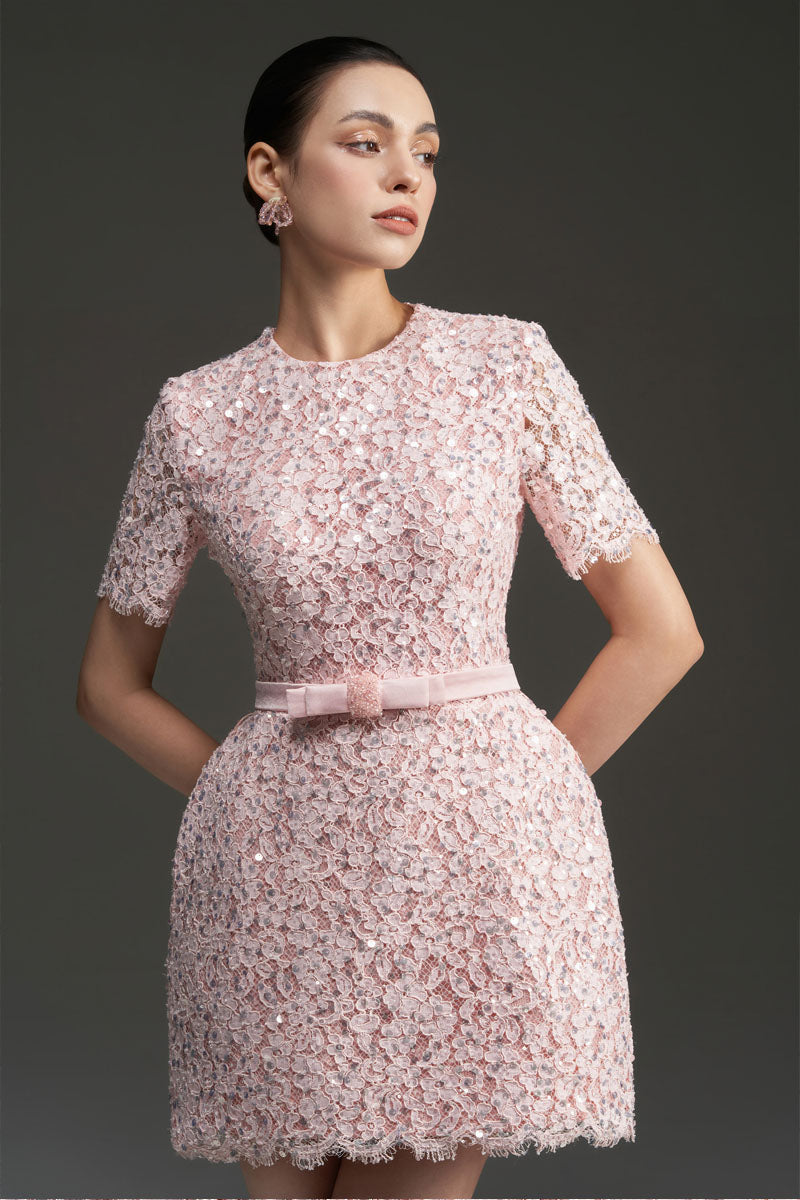 SEQUIN FLORAL LACE AND SILK TAFFETA DRESS IN PINK - CULT MIA