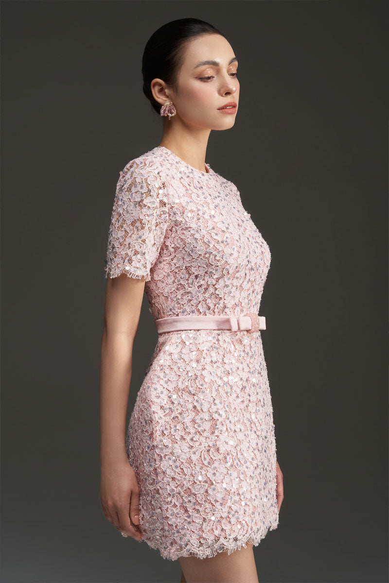 SEQUIN FLORAL LACE AND SILK TAFFETA DRESS IN PINK - CULT MIA