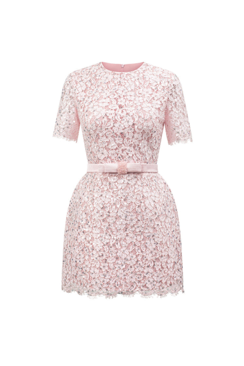 SEQUIN FLORAL LACE AND SILK TAFFETA DRESS IN PINK - CULT MIA