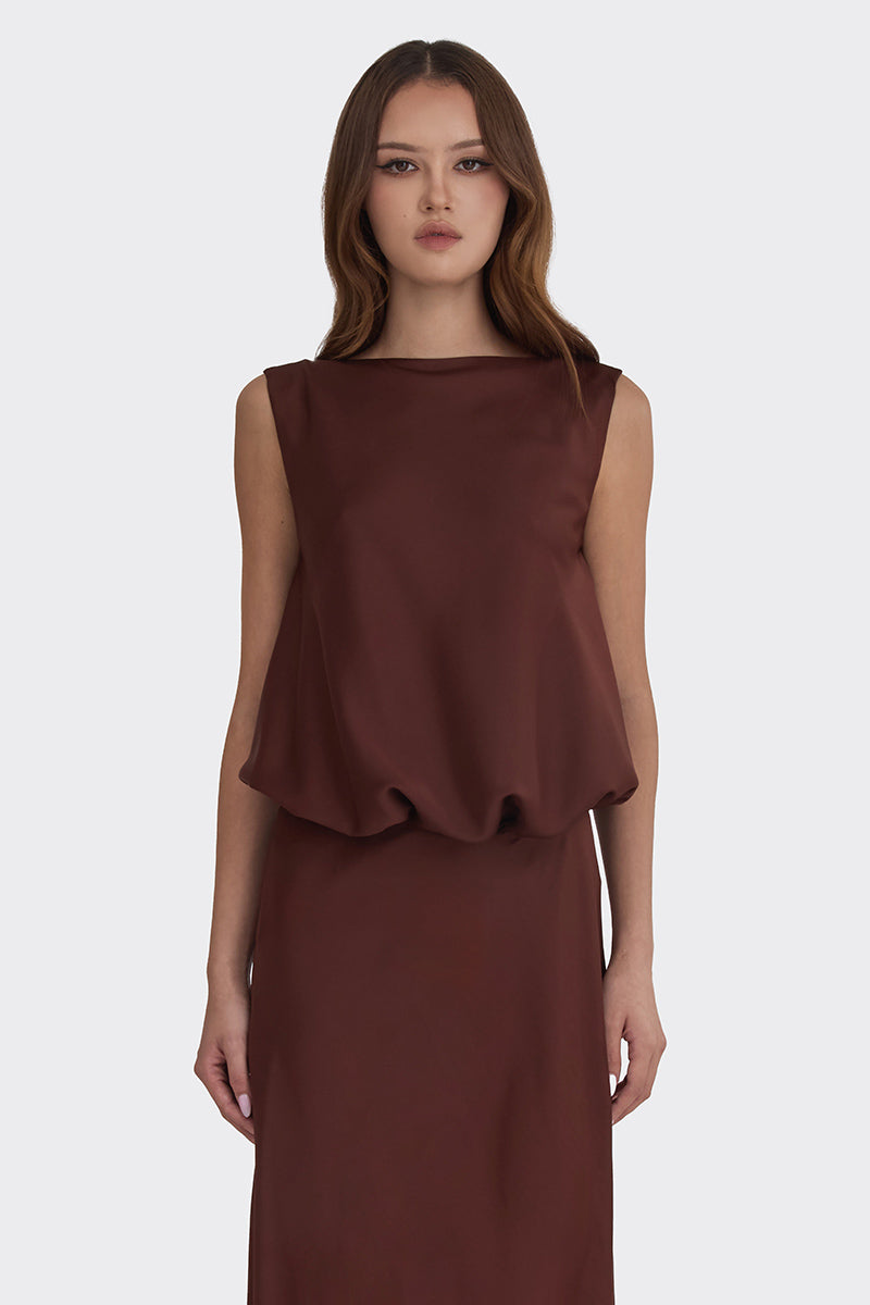 PUFFED BOATNECK MAXI GOWN IN BROWN - CULT MIA