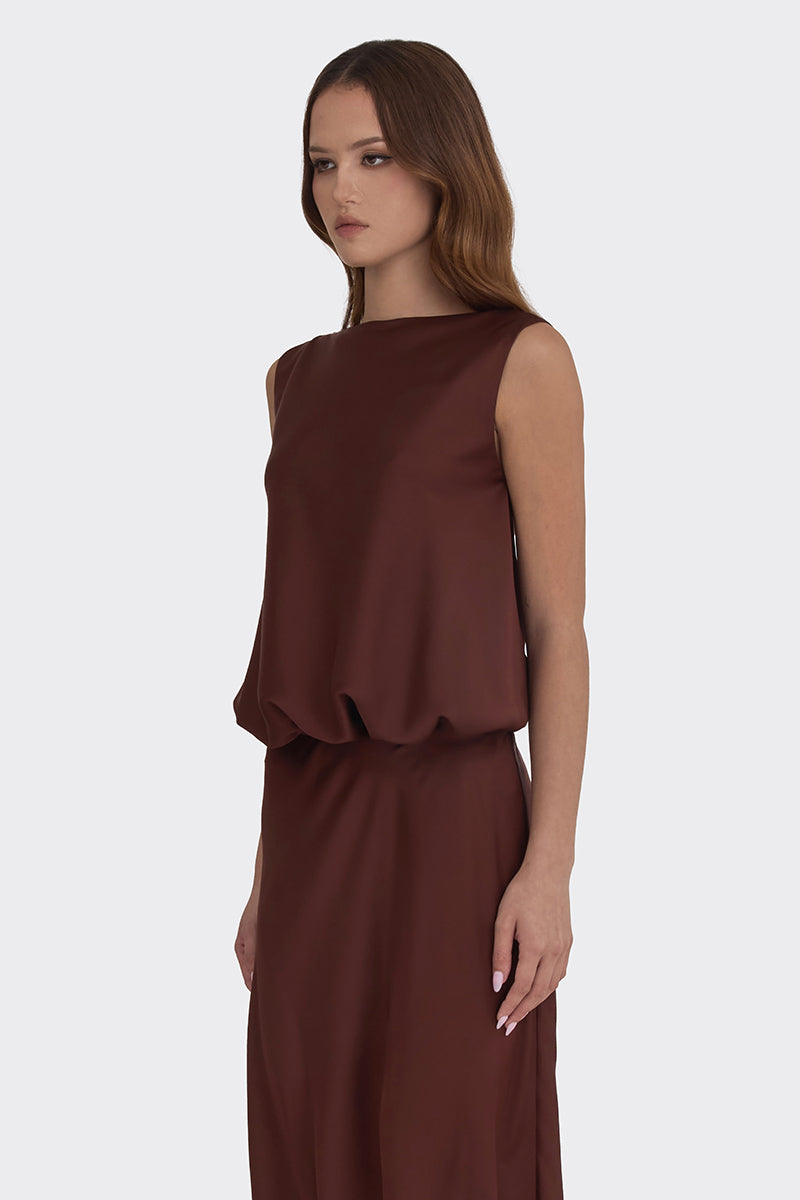 PUFFED BOATNECK MAXI GOWN IN BROWN - CULT MIA