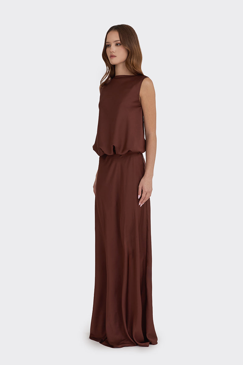 PUFFED BOATNECK MAXI GOWN IN BROWN - CULT MIA