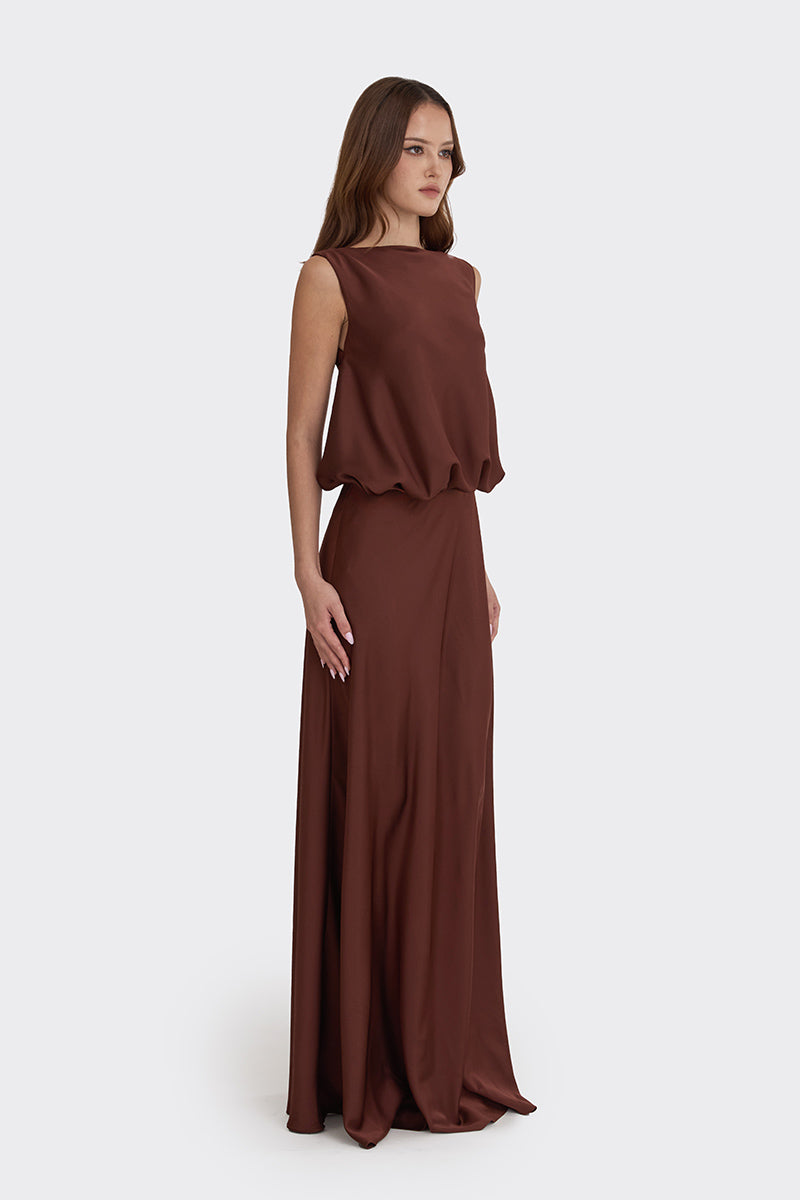 PUFFED BOATNECK MAXI GOWN IN BROWN - CULT MIA