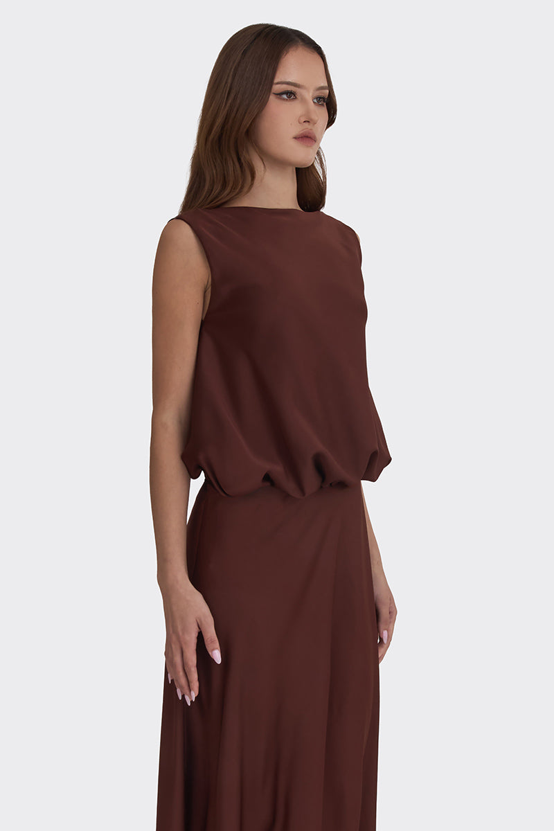 PUFFED BOATNECK MAXI GOWN IN BROWN - CULT MIA
