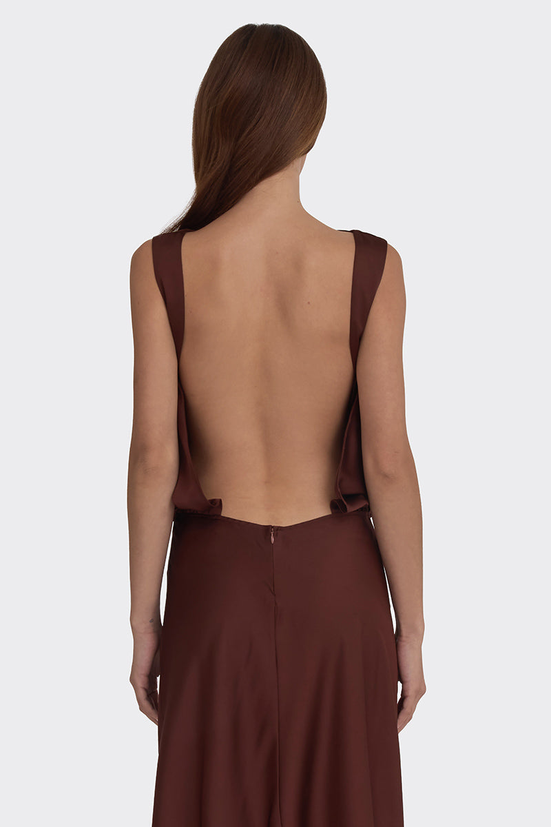 PUFFED BOATNECK MAXI GOWN IN BROWN - CULT MIA