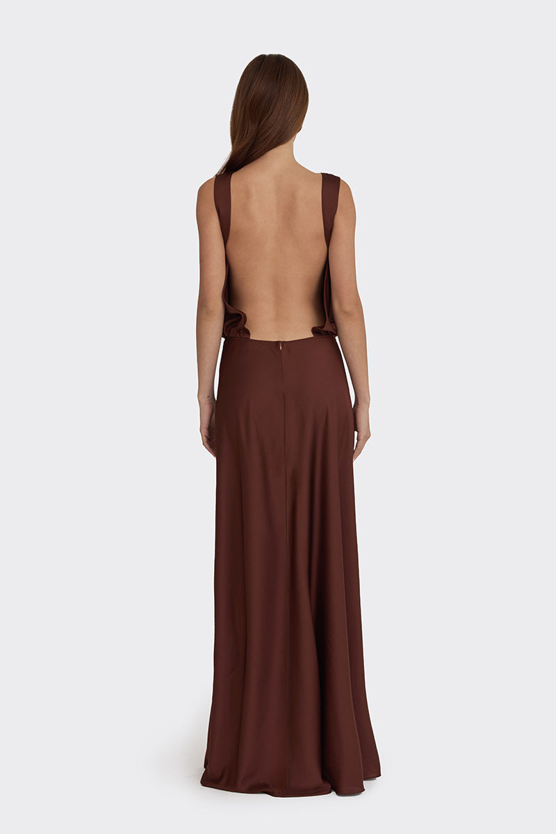 PUFFED BOATNECK MAXI GOWN IN BROWN - CULT MIA