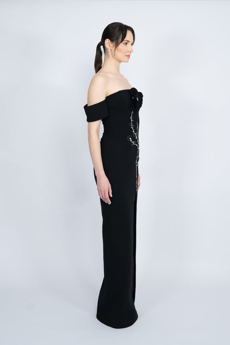 BLACK OFF-SHOULDER LONG DRESS - CULT MIA