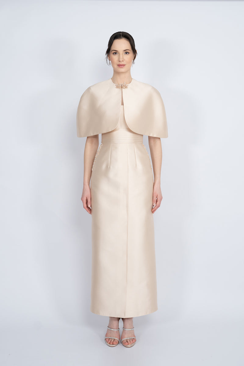 NUDE DETACHABLE MINI CAPE JACKET MAXI DRESS - CULT MIA