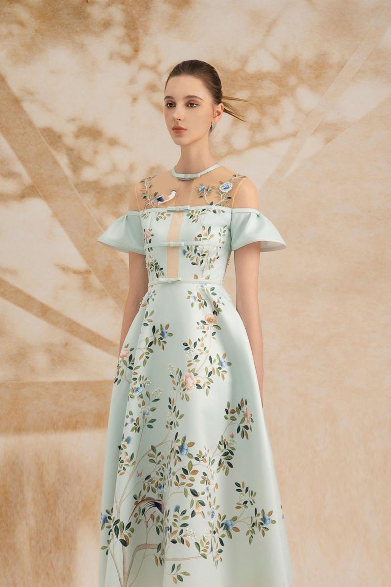 SERAPHINA A-LINE ILLUSION NECK TAFFETA SILK MIDI DRESS - CULT MIA