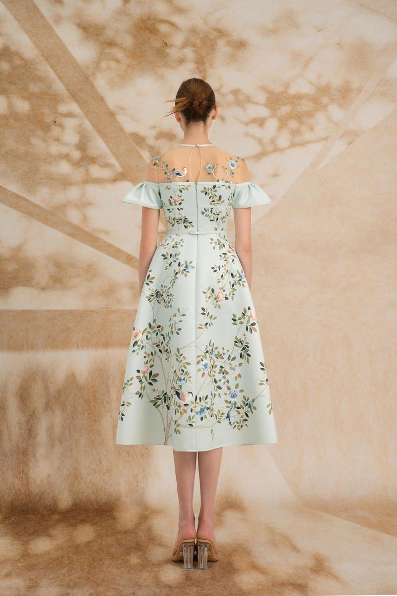 SERAPHINA A-LINE ILLUSION NECK TAFFETA SILK MIDI DRESS - CULT MIA