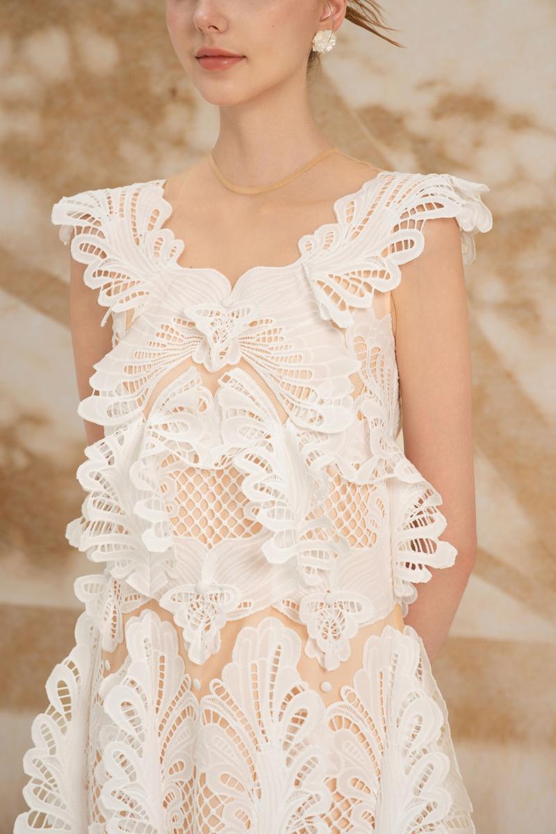 FIAMMA TRAPEZOID CAP SLEEVED COTTON LACE MINI DRESS - CULT MIA