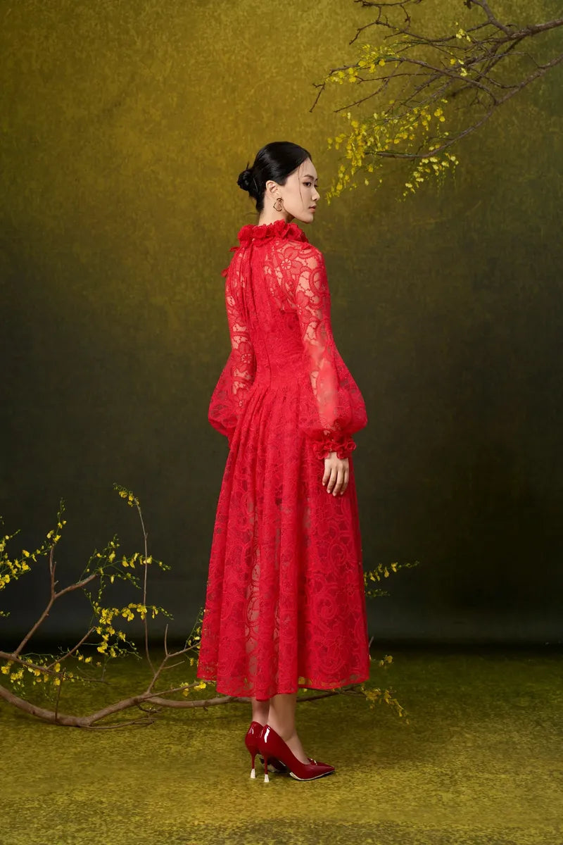 CLAIRE A-LINE PLEATED LACE MIDI DRESS - CULT MIA