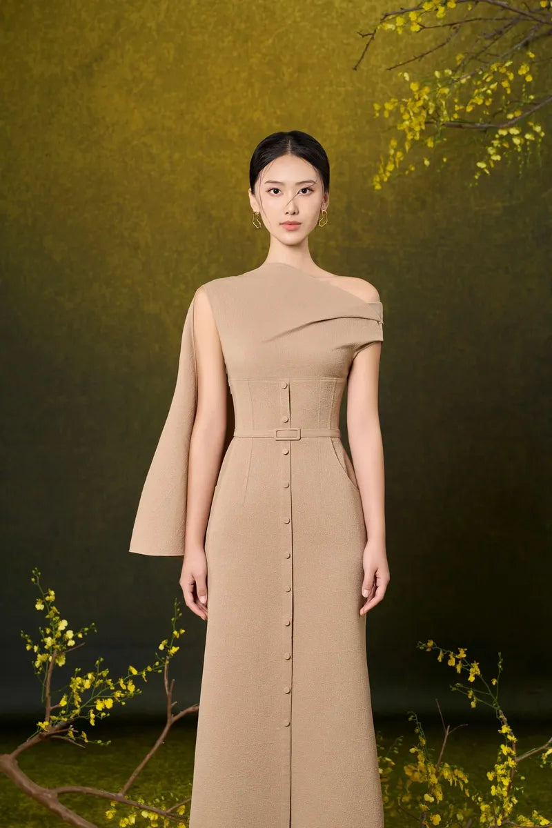 DREAM A-LINE FRONT SLIT POLYESTER BLEND MIDI DRESS - CULT MIA