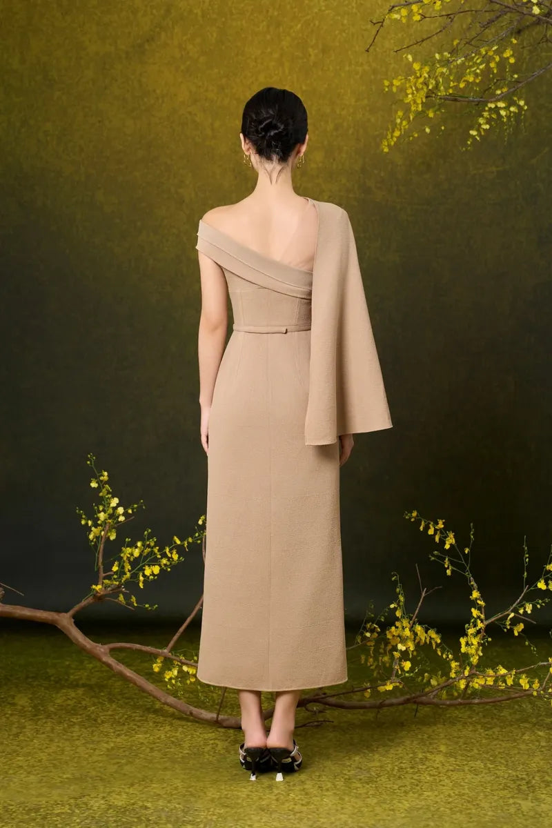DREAM A-LINE FRONT SLIT POLYESTER BLEND MIDI DRESS - CULT MIA
