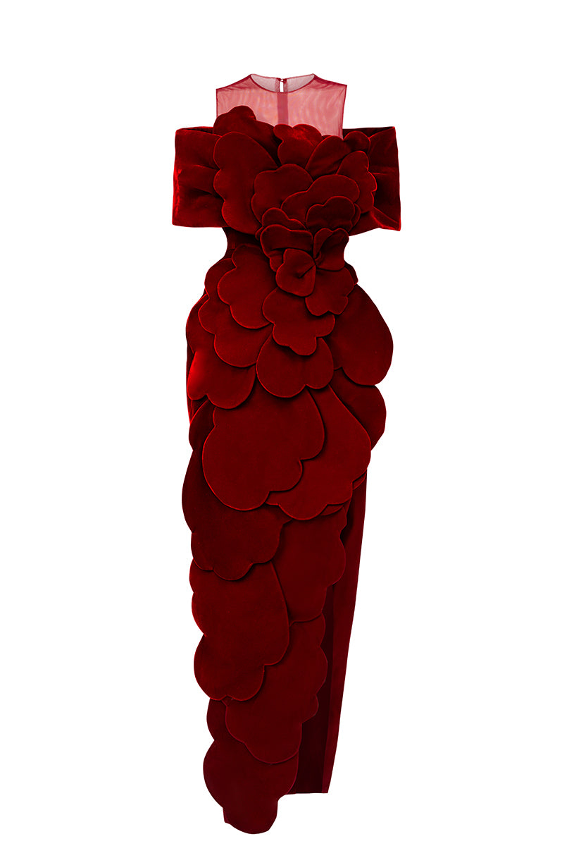 red rose maxi dress HAPPY CLOTHING RED ROSE ONE-SHOULDER MAXI DRESS IN RED