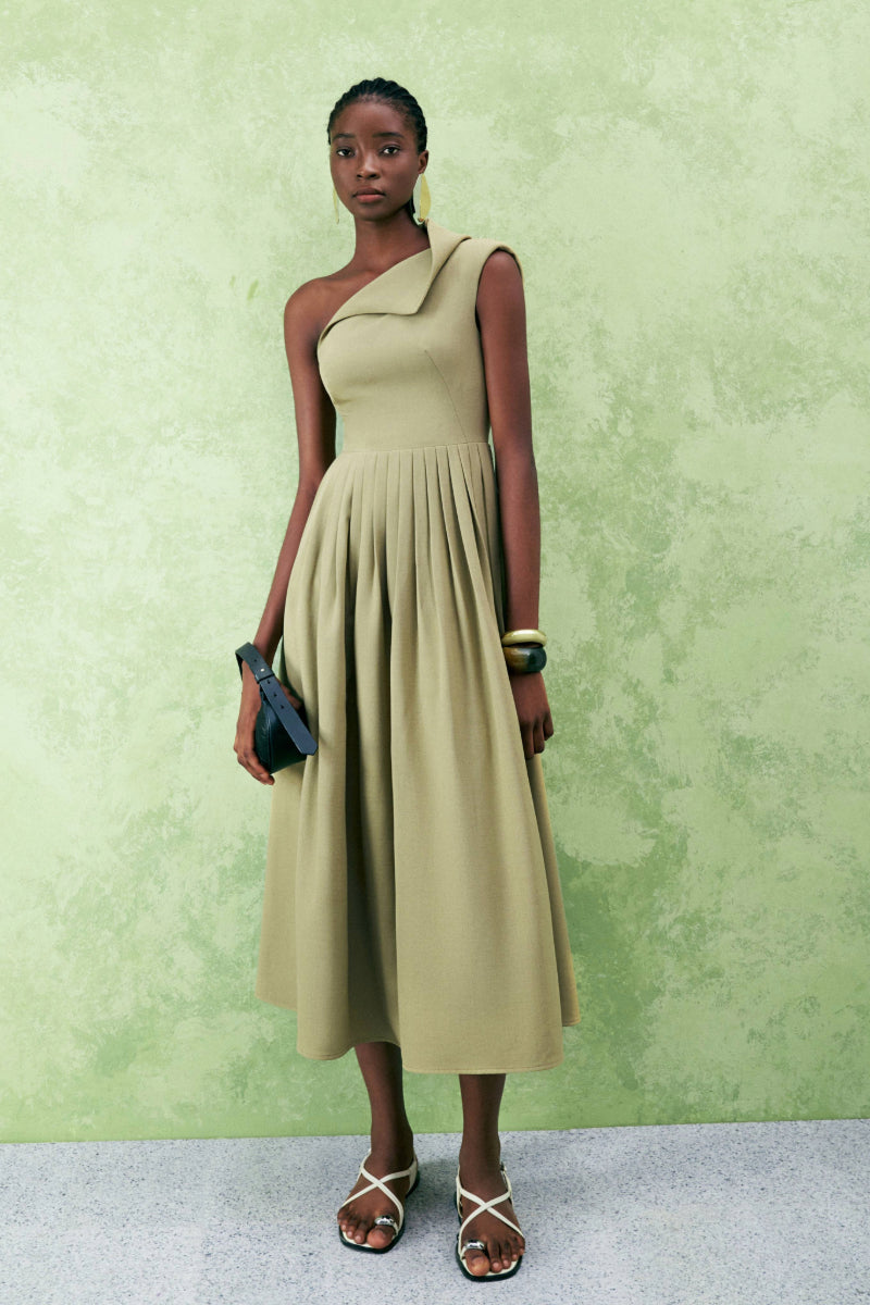 CROSSANDRA A-LINE WAIST PLEATED TWILL MIDI DRESS - CULT MIA
