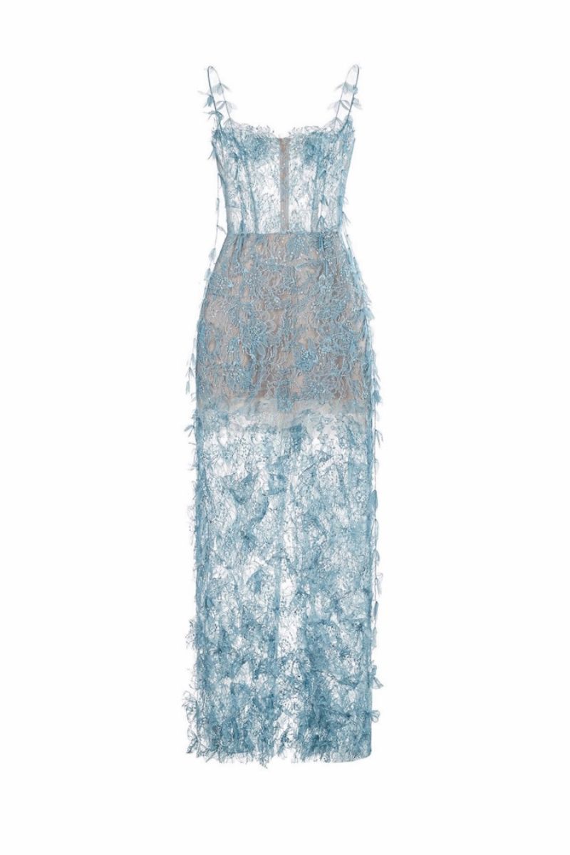 BLUE BEADED LACE PENCIL MIDI DRESS - CULT MIA