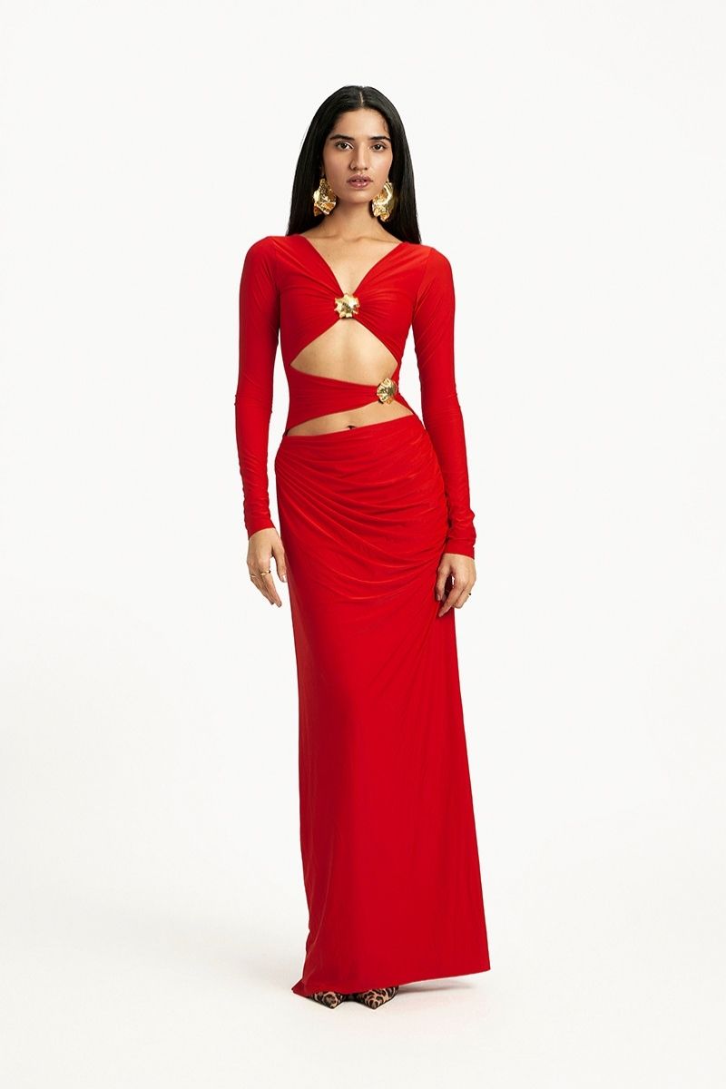 RILEY RED LONG SLEEVE MAXI DRESS - CULT MIA