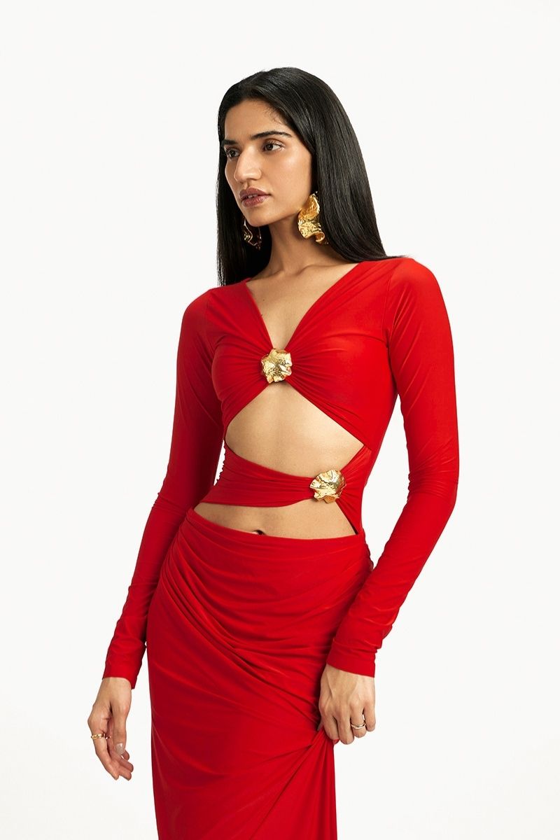 RILEY RED LONG SLEEVE MAXI DRESS - CULT MIA