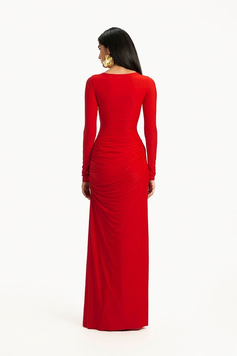 RILEY RED LONG SLEEVE MAXI DRESS - CULT MIA
