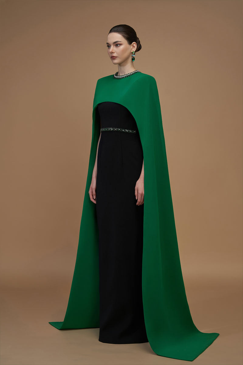 CREPE AND SILK LINED CAPPED EMERALD GOWN - CULT MIA