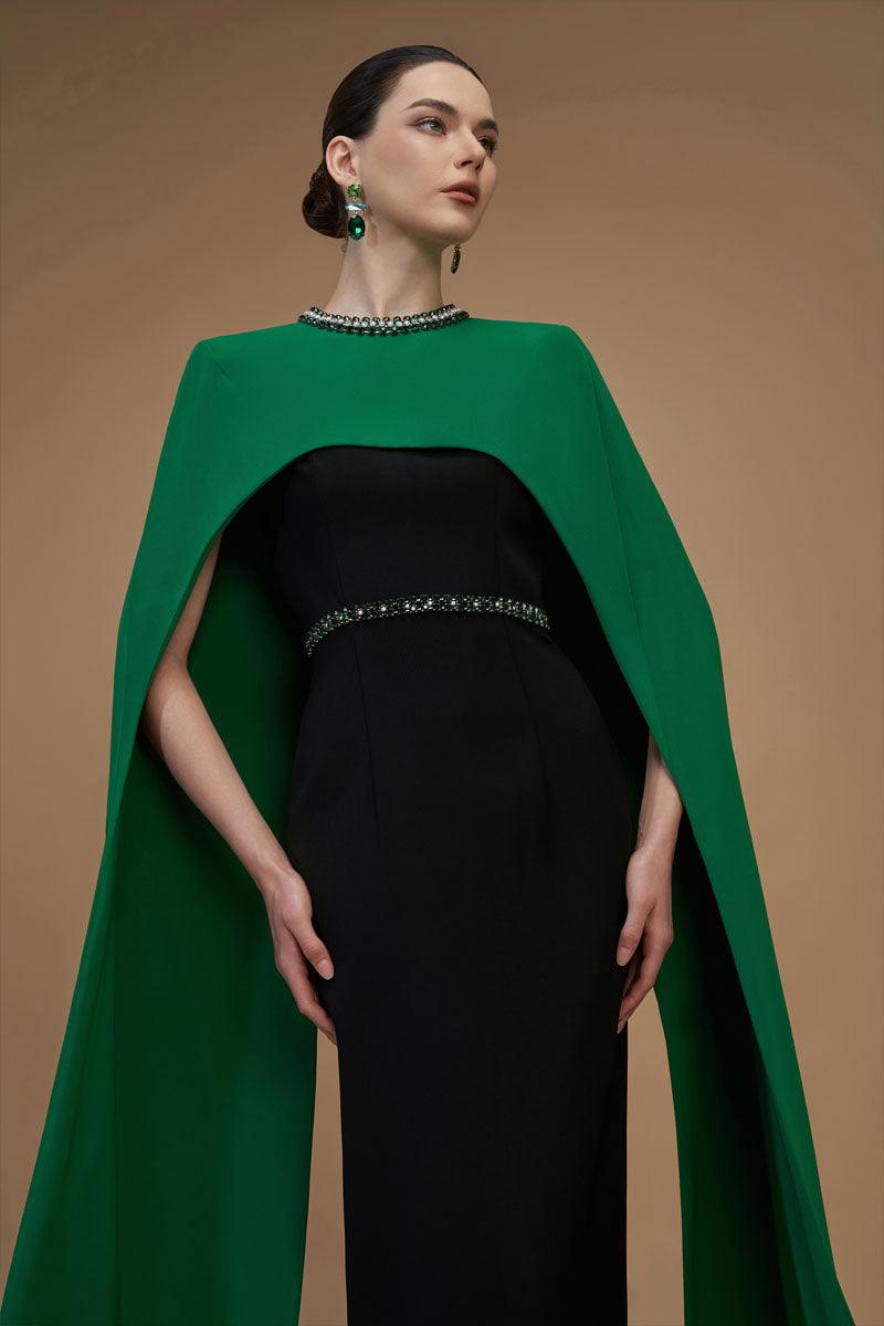 CREPE AND SILK LINED CAPPED EMERALD GOWN - CULT MIA