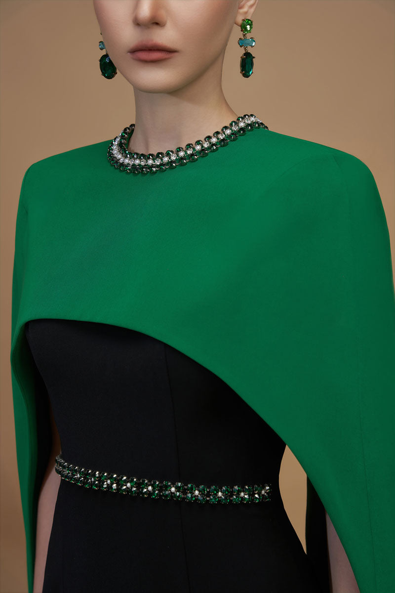 CREPE AND SILK LINED CAPPED EMERALD GOWN - CULT MIA