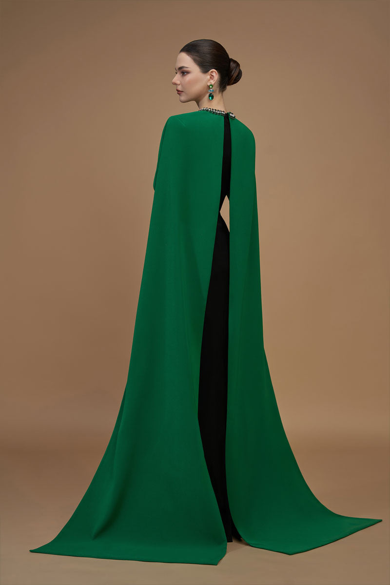 CREPE AND SILK LINED CAPPED EMERALD GOWN - CULT MIA