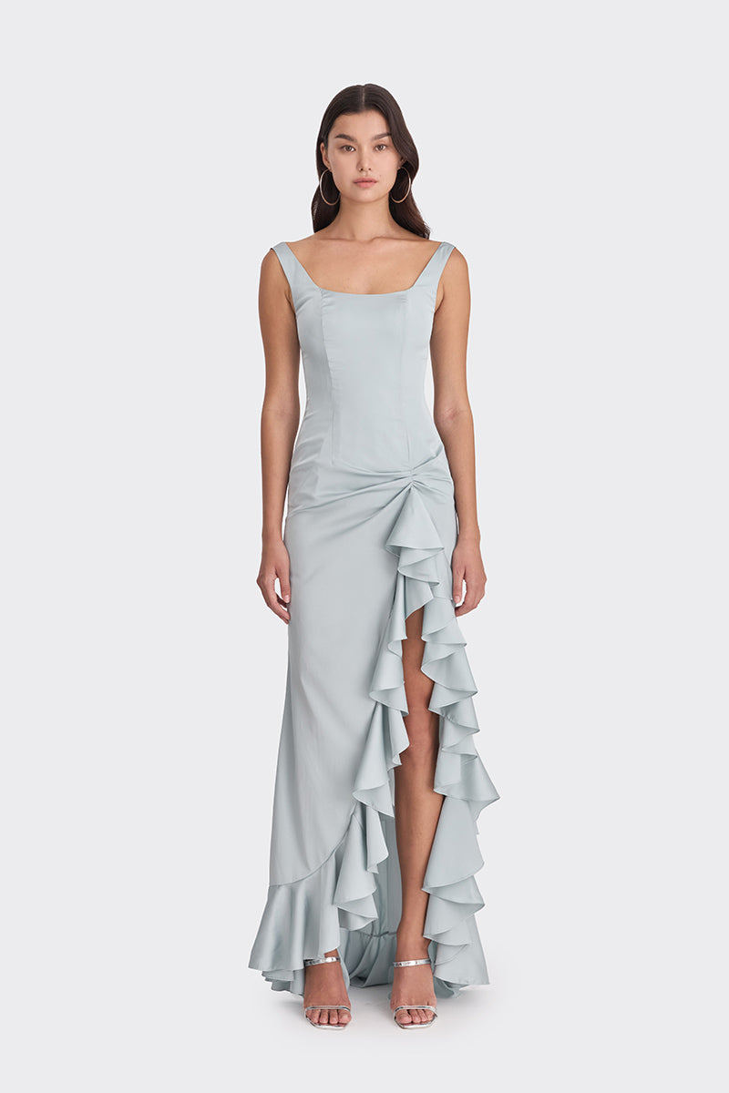 RUFFLE SLIT BLUE MAXI DRESS - CULT MIA