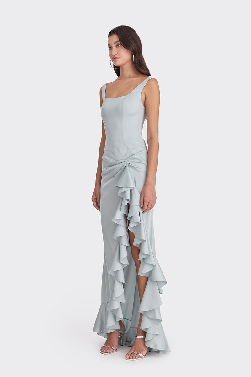 RUFFLE SLIT BLUE MAXI DRESS - CULT MIA
