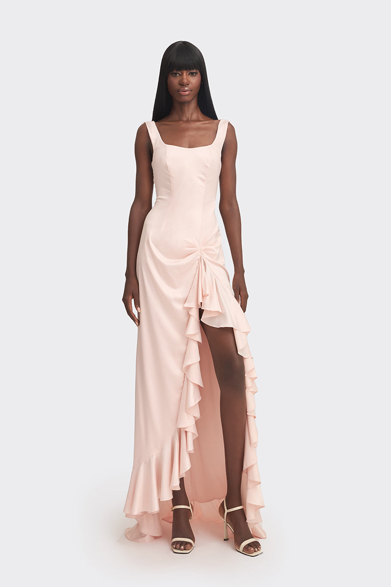 CULT MIA X STOLEN STORES RUFFLE SPLIT DRESS IN LIGHT PEACH - CULT MIA